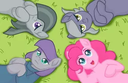 Size: 1280x828 | Tagged: safe, artist:nytewell, derpibooru import, limestone pie, marble pie, maud pie, pinkie pie, pony, colored pupils, crossed hooves, cute, diapinkes, female, grass, limabetes, marblebetes, mare, maudabetes, on back, open mouth, overhead view, pie sisters, siblings, sisters