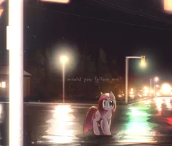 Size: 1500x1270 | Tagged: safe, artist:mirroredsea, derpibooru import, edit, pinkie pie, earth pony, pony, alternate hairstyle, blushing, cute, cuteamena, diapinkes, female, house, lamppost, looking at you, mare, night, pinkamena diane pie, question, question mark, road, short mane, sky, solo, stars, street, text, text edit, traffic light, worried