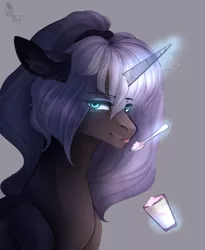 Size: 1024x1247 | Tagged: safe, artist:velirenrey, derpibooru import, princess luna, food, glowing horn, horn, ice cream, magic, signature, solo, spoon, telekinesis, tongue out