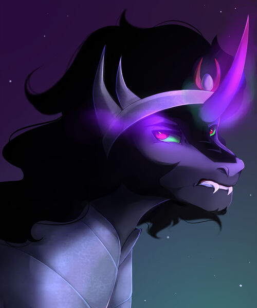 Size: 1024x1229 | Tagged: safe, artist:velirenrey, derpibooru import, king sombra, pony, bust, glowing horn, horn, portrait, sharp teeth, solo, sombra eyes, teeth