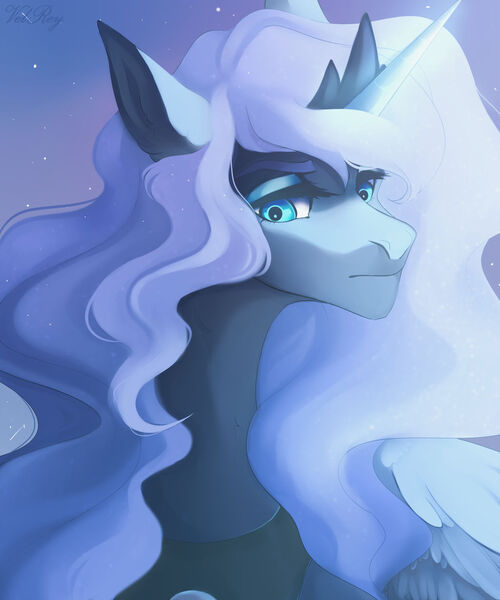 Size: 1024x1229 | Tagged: safe, artist:velirenrey, derpibooru import, princess luna, alicorn, pony, bust, female, glowing horn, horn, mare, portrait, solo