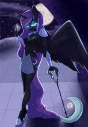 Size: 3307x4724 | Tagged: alicorn, anthro, artist:labglab, artist:shadowreindeer, collaboration, cute, cutie mark, dark magic, derpibooru import, evil, eye contact, female, glowing eyes, looking at each other, looking at you, magic, mare, moon, nightmare moon, rcf community, safe, solo, weapon, wings