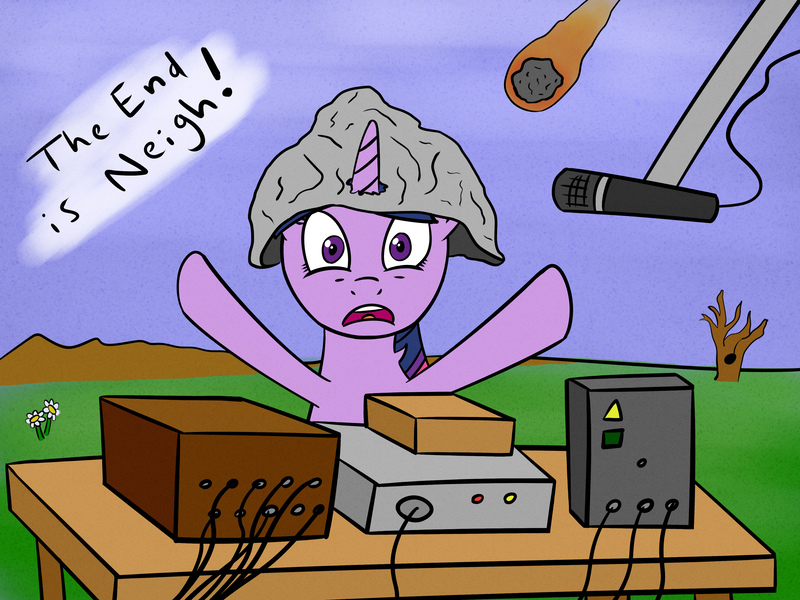 Size: 4000x3000 | Tagged: safe, artist:anonymous, derpibooru import, twilight sparkle, pony, /mlp/, 4chan, conspiracy, doomsday, drawthread, end of the world, hat, meteor, microphone, paranoid twilight, radio, the end is neigh, tinfoil hat