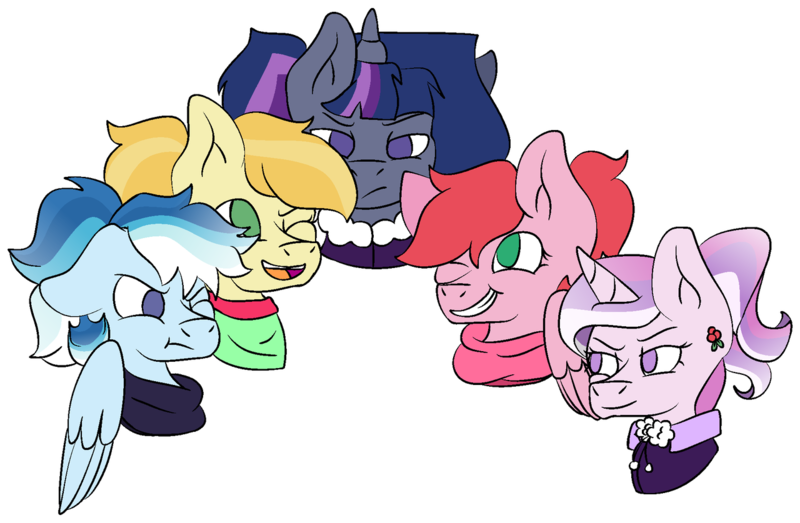 Size: 1280x837 | Tagged: safe, artist:rosiepie15, derpibooru import, oc, unofficial characters only, earth pony, pegasus, pony, unicorn, annoyed, bust, clothes, coat, colored, female, flat colors, floppy ears, holly, jacket, lidded eyes, magical lesbian spawn, male, mare, multicolored hair, next generation, no pupils, offspring, one eye closed, open mouth, parent:applejack, parent:big macintosh, parent:caramel, parent:flash sentry, parent:fleur-de-lis, parent:fluttershy, parent:princess cadance, parent:rainbow dash, parent:shining armor, parent:twilight sparkle, parents:carajack, parents:flashlight, parents:fleurdance, parents:fluttermac, parents:shiningdash, ponytail, scarf, simple background, smiling, smirk, stallion, sweater, transparent background, unamused, winter outfit