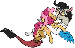 Size: 1024x657 | Tagged: safe, artist:ashidaii, derpibooru import, oc, oc:entropy, oc:silly string, unofficial characters only, draconequus, earth pony, hybrid, pony, female, interspecies offspring, kissing, male, mare, oc x oc, offspring, parent:cheese sandwich, parent:discord, parent:pinkie pie, parent:princess celestia, parents:cheesepie, parents:dislestia, shipping, simple background, straight, transparent background