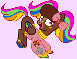 Size: 1480x1137 | Tagged: safe, artist:unicorn-mutual, derpibooru import, oc, oc:retro raleigh, pegasus, pony, clothes, colored wings, female, mare, multicolored wings, pink background, shirt, simple background, solo, wings