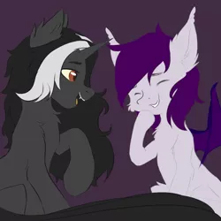 Size: 2000x2000 | Tagged: safe, artist:urpone, derpibooru import, oc, oc:aishu, oc:magnu, unofficial characters only, bat pony, pony, unicorn, bat pony oc, bat wings, black and white mane, couple, eyes closed, fangs, happy, laughing, long tail, looking at each other, magshu, oc x oc, purple mane, red eyes, shipping, smiling, wings
