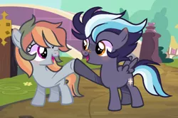 Size: 1024x680 | Tagged: safe, artist:moon-rose-rosie, derpibooru import, oc, oc:lunar shine, oc:sunny rays, unofficial characters only, pegasus, pony, colt, female, filly, hoofbump, male