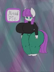 Size: 385x512 | Tagged: suggestive, artist:chillywilly, derpibooru import, maud pie, anthro, earth pony, big breasts, breasts, busty maud pie, clothes, colored background, disproportional anatomy, eyeshadow, female, huge breasts, impossibly large breasts, makeup, pants, solo, sweater, thick, thighs, thunder thighs, yoga pants