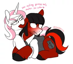 Size: 580x510 | Tagged: safe, artist:redxbacon, derpibooru import, oc, oc:florid, oc:loretta, unofficial characters only, earth pony, pony, unicorn, biting, blushing, cuddling, dialogue, duo, ear bite, female, male, mare, oc x oc, red and black oc, shipping, simple background, stallion, straight, white background