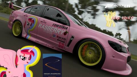 Size: 480x270 | Tagged: safe, artist:forzaveteranenigma, derpibooru import, oc, oc:aurelia charm, pony, aussie v8 supercar, australia, bathurst, car, driving, forza motorsport 7, holden, holden commodore, mount panorama, mount panorama circuit, photo, racing, read description, solo, watermark