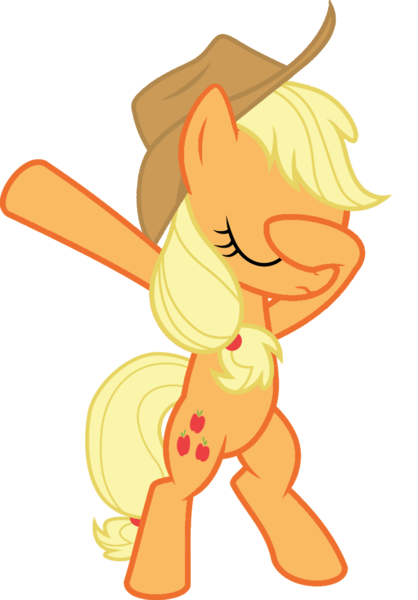 Size: 813x1168 | Tagged: safe, artist:uigsyvigvusy, artist:wissle, derpibooru import, applejack, earth pony, pony, bipedal, covering eyes, cute, dab, eyes closed, facehoof, female, mare, simple background, smiling, solo, trace, transparent background, vector