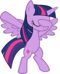 Size: 813x1012 | Tagged: safe, artist:uigsyvigvusy, artist:wissle, derpibooru import, twilight sparkle, twilight sparkle (alicorn), alicorn, pony, bipedal, covering eyes, cute, dab, eyes closed, facehoof, female, mare, simple background, smiling, solo, spread wings, trace, transparent background, twiabetes, vector, wings