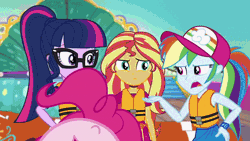 Size: 600x338 | Tagged: safe, derpibooru import, edit, edited screencap, screencap, pinkie pie, rainbow dash, sci-twi, sunset shimmer, twilight sparkle, equestria girls, equestria girls series, spring breakdown, spoiler:eqg series (season 2), spoiler:super smash bros. ultimate, animated, bow, geode of sugar bombs, gif, lifejacket, magical geodes, meme, nintendo, nose in the air, sleeveless, spoilers for another series, super smash bros., super smash bros. ultimate, volumetric mouth, world of light, wtf boom!