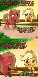 Size: 800x1602 | Tagged: safe, artist:darkonix, derpibooru import, applejack, oc, oc:pun, earth pony, pony, ask pun, ask, female, mare, pun