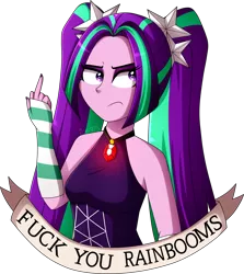 Size: 1320x1477 | Tagged: safe, artist:zoe-975, derpibooru import, aria blaze, equestria girls, rainbow rocks, armpits, clothes, evening gloves, female, fingerless elbow gloves, fingerless gloves, fuck you, gem, gloves, jewelry, long gloves, middle finger, necklace, old banner, pendant, pigtails, redraw, simple background, siren gem, sleeping, sleeveless, solo, transparent background, twintails, vulgar