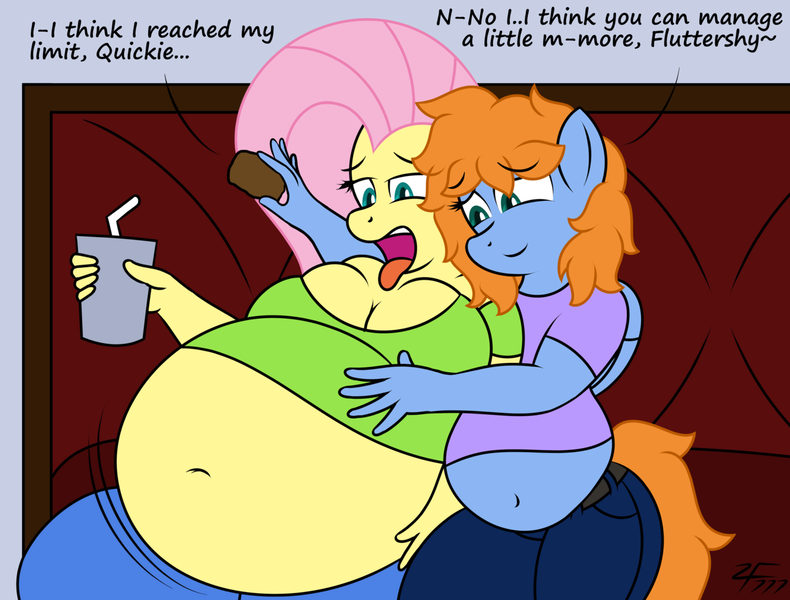 Size: 1280x972 | Tagged: safe, artist:zeldafan777, derpibooru import, fluttershy, oc, oc:quick trip, anthro, anthro oc, bbw, belly, big belly, bloated, cake, chubby chaser, clothes, cute, dialogue, eating, fat, fattershy, feedee, feeder, feeding, food, force feeding, full, huge belly, jeans, morbidly obese, obese, open mouth, outfit, overeating, pants, soda, stuffed, stuffing, that pony sure does love fatty, tongue out