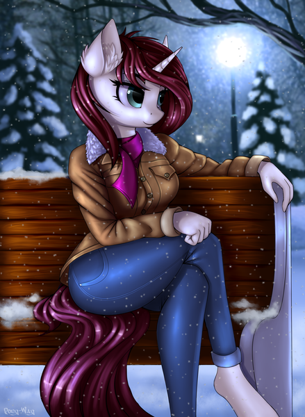 Size: 1796x2456 | Tagged: safe, artist:pony-way, derpibooru import, oc, unofficial characters only, anthro, unguligrade anthro, unicorn, anthro oc, beautiful, bench, clothes, coat, commission, crossed legs, female, jacket, jeans, lamppost, mare, pants, pretty, scarf, smiling, snow, snowfall, solo, tree, winter