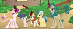 Size: 4645x1849 | Tagged: safe, artist:xxcutecookieswirlsxx, derpibooru import, autumn blaze, ivory, ivory rook, rain shine, oc, earth pony, kirin, pony, sounds of silence, female, kirin oc, male, mare, stallion