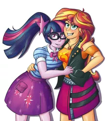 Size: 2029x2206 | Tagged: safe, artist:mandy1412, derpibooru import, sci-twi, sunset shimmer, twilight sparkle, equestria girls, equestria girls series, bowtie, clothes, duo, female, geode of empathy, geode of telekinesis, glasses, grin, jacket, leather jacket, lesbian, magical geodes, ponytail, scitwishimmer, shipping, simple background, skirt, smiling, sunsetsparkle