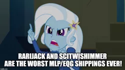 Size: 896x500 | Tagged: safe, derpibooru import, edit, edited screencap, screencap, trixie, equestria girls, rainbow rocks, background pony strikes again, caption, image macro, implied lesbian, implied rarijack, implied scitwishimmer, implied shipping, meme, mouthpiece, text, trixie yells at everything