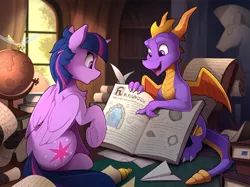 Size: 2100x1567 | Tagged: safe, artist:yakovlev-vad, derpibooru import, twilight sparkle, twilight sparkle (alicorn), alicorn, dragon, dragonfly, insect, pony, adventure, book, butt, crossover, female, globe, male, mare, open mouth, paper airplane, plot, scroll, sitting, sparx, sparx the dragonfly, spyro the dragon, underhoof, video game crossover