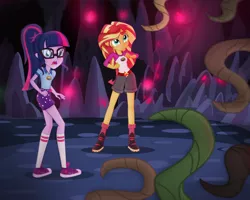 Size: 6052x4843 | Tagged: safe, artist:invisibleink, derpibooru import, sci-twi, sunset shimmer, twilight sparkle, equestria girls, legend of everfree, absurd resolution, belt, blushing, boots, camp everfree outfits, cave, clothes, commission, converse, cutie mark, cutie mark on clothes, duo, glasses, hair tie, i've seen enough hentai to know where this is going, kneesocks, long socks, open mouth, outdoors, ponytail, raised eyebrow, shirt, shoes, shorts, show accurate, sneakers, socks, standing, vine