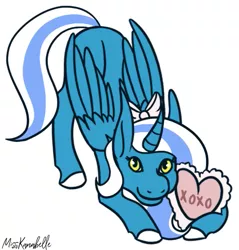 Size: 565x590 | Tagged: safe, artist:misskanabelle, derpibooru import, oc, oc:fleurbelle, unofficial characters only, alicorn, pony, alicorn oc, bow, female, hair bow, heart, heart pillow, horn, pillow, wings