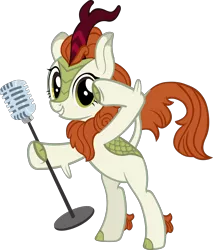 Size: 3650x4289 | Tagged: artist:ironm17, autumn blaze, awwtumn blaze, bipedal, cute, derpibooru import, female, grin, kirin, looking at you, microphone, safe, simple background, singing, smiling, solo, sounds of silence, transparent background, vector