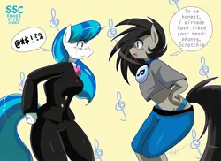 Size: 2040x1488 | Tagged: alternate hairstyle, anthro, artist:traupa, blue underwear, clothes, clothes swap, derpibooru import, dialogue, female, headphones, looking at each other, mane swap, mare, midriff, octavia melody, panties, pants, rocktavia, safe, short shirt, smiling, speech bubble, ssc, sudden style change, suit, thong, underwear, vinyl class, vinyl scratch