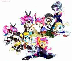 Size: 1804x1535 | Tagged: safe, artist:liaaqila, derpibooru import, ponified, earth pony, pegasus, pony, unicorn, armor, armpits, barefoot, beanie, boots, bow, bracelet, brite bomber, camouflage, cargo pants, clothes, colored sclera, commission, crossover, crying, dark bomber, domino mask, ear fluff, eyes closed, face paint, face tattoo, feather, feet, female, fetish, foot fetish, fortnite, glasses, gloves, glowing horn, hair bow, hat, headband, holding leg, hoodie, hoof tickling, horn, huntress (fortnite), image, jpeg, lace (fortnite), laughing, levitation, lipstick, magic, makeup, mare, mask, on top, open mouth, pants, pigtails, raised hoof, rapscallion, shoes, signature, simple background, sitting, sitting on person, skirt, spiked wristband, sunglasses, tattoo, tears of laughter, telekinesis, tickle fetish, tickle fight, tickle torture, tickling, tongue out, traditional art, wall of tags, white background, wristband
