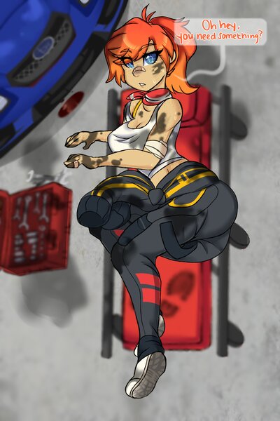 Size: 2730x4096 | Tagged: artist:angelbeat-drift, ascot, bandage, breasts, bruised, car, clothes, derpibooru import, dialogue, freckles, grease, human, humanized, jumpsuit, looking at you, lying down, mechanic, mechanic creeper, midriff, oc, oc:darla crossfire, oil, ponytail, safe, shoes, sneakers, subaru, tanktop, toolbox, wrench