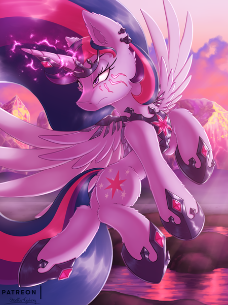 Size: 2250x3000 | Tagged: safe, artist:shad0w-galaxy, derpibooru import, twilight sparkle, twilight sparkle (alicorn), alicorn, pony, armor, badass, cloud, ear fluff, epic, fight, flying, gem, lake, magic, mountain, patreon, solo, spread wings, sunset, wings