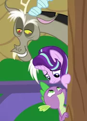 Size: 520x720 | Tagged: safe, derpibooru import, screencap, discord, spike, starlight glimmer, draconequus, dragon, pony, unicorn, a matter of principals, cropped, female, looking at each other, male, worried