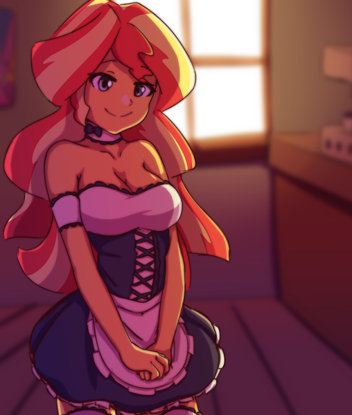 Size: 2200x2600 | Tagged: safe, artist:rockset, derpibooru import, sunset shimmer, equestria girls, adorasexy, anime, apron, backlighting, bare shoulders, beautiful, breasts, busty sunset shimmer, choker, cleavage, clothes, cute, dress, female, high res, indoors, lidded eyes, looking at you, looking down, maid, minidress, sexy, shy, smiling, socks, solo, standing, thigh highs, uniform, zettai ryouiki