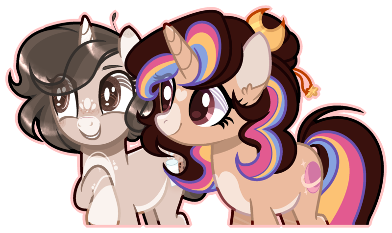 Size: 2393x1421 | Tagged: safe, artist:jxst-alexa, derpibooru import, oc, oc:alexa, oc:melanie, unofficial characters only, pony, unicorn, female, mare, simple background, transparent background