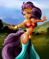 Size: 701x844 | Tagged: suggestive, artist:ltrm35a2, derpibooru import, saffron masala, anthro, unicorn, belly button, belly dancer, breasts, clothes, cloud, female, grass, open mouth, solo, stupid sexy saffron masala