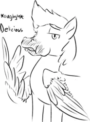 Size: 694x939 | Tagged: safe, artist:tempusfidgets, deleted from derpibooru, derpibooru import, oc, oc:nexx, pegasus, pony, eating, male, monochrome, simple background, solo