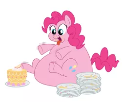 Size: 1200x1007 | Tagged: safe, artist:diablo2000, derpibooru import, pinkie pie, fluffy pony, addiction, cake, cake addict, eating, fat, female, food, happy, image, immobile, messy eating, morbidly obese, need to go on a diet, need to lose weight, obese, open mouth, overeating, overweight, piggy pie, plate, plates, png, pudgy pie, that pony sure does love cakes, tongue out, too fat, too fat to move