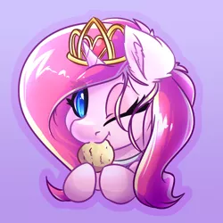 Size: 4000x4000 | Tagged: safe, artist:witchtaunter, derpibooru import, oc, oc:rosa flame, unofficial characters only, pony, bust, commission, cookie, eating, food, jewelry, one eye closed, portrait, solo, tiara, wink