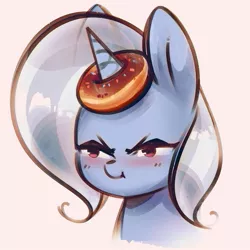 Size: 1200x1200 | Tagged: safe, artist:mirroredsea, derpibooru import, trixie, pony, unicorn, :i, angry, blushing, cute, diatrixes, donut, female, food, horn, horn impalement, madorable, mare, ring toss, simple background, solo, squint, the uses of unicorn horns, transparent mane, trixie is not amused, unamused, white background