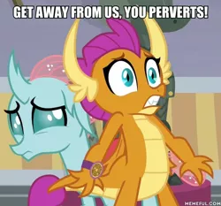 Size: 600x558 | Tagged: a matter of principals, bronybait, caption, changedling, changeling, derpibooru import, dragon, dragoness, duo, duo female, edit, edited screencap, female, image macro, imminent rape, imminent sex, ocellus, pervert, safe, screencap, smolder, text, this will end in snu snu