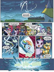 Size: 768x1024 | Tagged: safe, artist:pencils, derpibooru import, idw, applejack, cerena, fluttershy, pinkie pie, princess celestia, rainbow dash, rarity, twilight sparkle, twilight sparkle (alicorn), abyssinian, alicorn, anthro, earth pony, pegasus, pony, unicorn, spoiler:comic, spoiler:comicidw2020, anthro with ponies, big crown thingy, canterlot, clothes, comic, element of generosity, element of honesty, element of kindness, element of laughter, element of loyalty, element of magic, elements of harmony, female, flying, jewelry, lightning, mane six, mare, official comic, opera glasses, preview, regalia, speech bubble, storm, uniform