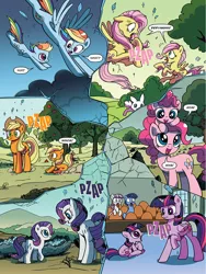 Size: 768x1024 | Tagged: safe, artist:pencils, derpibooru import, idw, applejack, fluttershy, night light, pinkie pie, rainbow dash, rarity, twilight sparkle, twilight sparkle (alicorn), twilight velvet, alicorn, earth pony, pegasus, pony, unicorn, spoiler:comic, spoiler:comicidw2020, comic, female, filly, filly applejack, filly fluttershy, filly pinkie pie, filly rainbow dash, filly rarity, filly twilight sparkle, geode, mane six, mare, official comic, preview, self ponidox, sitting on head, split screen, time paradox, time travel, xk-class end-of-the-world scenario, younger