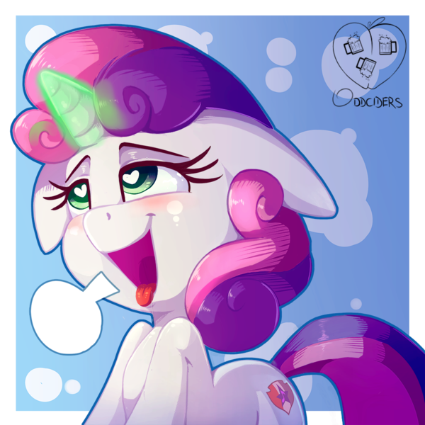 Size: 1000x1000 | Tagged: suggestive, artist:oddciders, derpibooru import, sweetie belle, pony, ahegao, bliss, cutie mark, female, filly, glowing horn, green eyes, happy, horn, implied foalcon, multicolored hair, open mouth, panting, signature, simple background, solo, solo female, the cmc's cutie marks, tongue out, wingding eyes