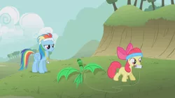 Size: 1280x720 | Tagged: safe, derpibooru import, screencap, apple bloom, rainbow dash, earth pony, pegasus, pony, call of the cutie, duo, duo female, female, filly, headband, kite, mare, whistle, whistle necklace