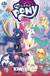 Size: 1000x1517 | Tagged: safe, artist:tonyfleecs, derpibooru import, idw, applejack, fluttershy, pinkie pie, princess celestia, princess luna, rainbow dash, rarity, twilight sparkle, twilight sparkle (alicorn), alicorn, butterfly, pony, spoiler:comic, spoiler:comicidw2020, cover, ethereal mane, female, filly, filly applejack, filly fluttershy, filly pinkie pie, filly rainbow dash, filly rarity, filly twilight sparkle, foal, mane six, mare, maternaluna, momlestia, nursery, rainbow trail, royal sisters, speed trail, starry mane, wrong eye color, younger