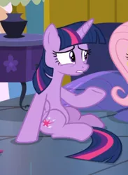 Size: 442x603 | Tagged: safe, derpibooru import, screencap, fluttershy, twilight sparkle, twilight sparkle (alicorn), alicorn, pegasus, pony, a health of information, cropped, female, looking at each other, mare, offscreen character, on floor, raised hoof, sitting, solo focus, underhoof, unsure