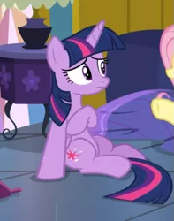 Size: 481x611 | Tagged: safe, derpibooru import, screencap, fluttershy, twilight sparkle, twilight sparkle (alicorn), alicorn, pegasus, pony, a health of information, cropped, female, looking at each other, mare, offscreen character, on floor, raised hoof, sitting, solo focus