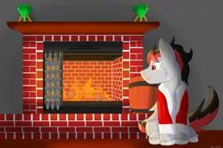 Size: 3000x1988 | Tagged: safe, artist:leadthepone, derpibooru import, oc, oc:broken flare, unofficial characters only, dracony, dragon, hybrid, pony, clothes, fireplace, gem, male, red and black oc, room